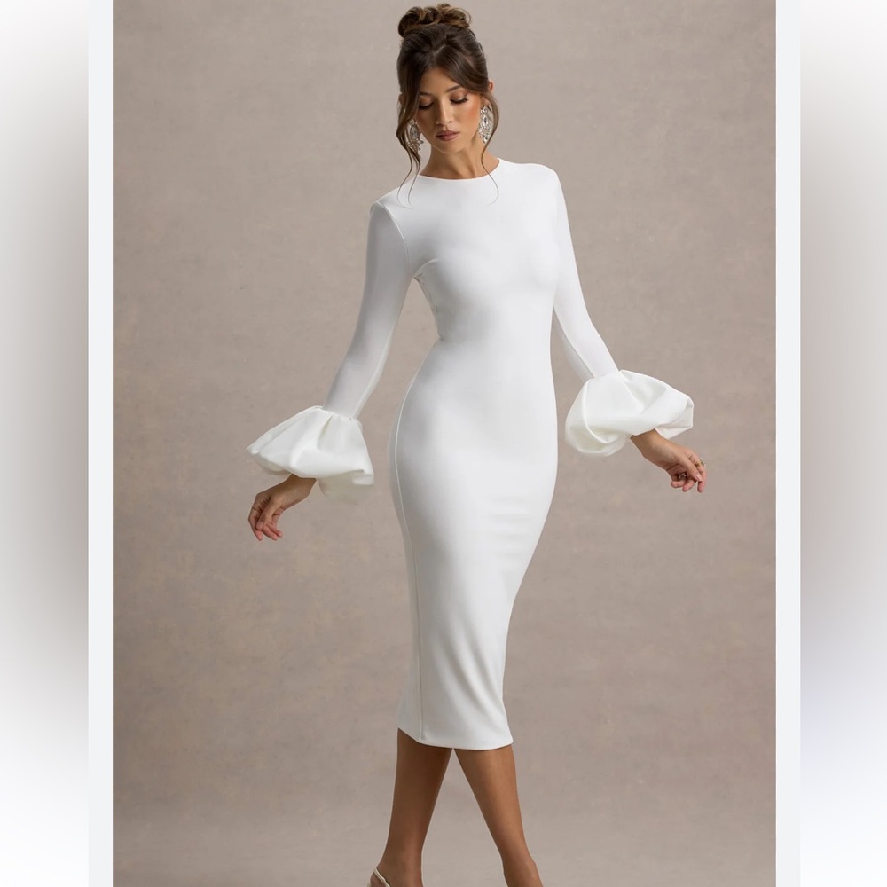 Club London Elegant White Midi Dress with Flared Sleeves